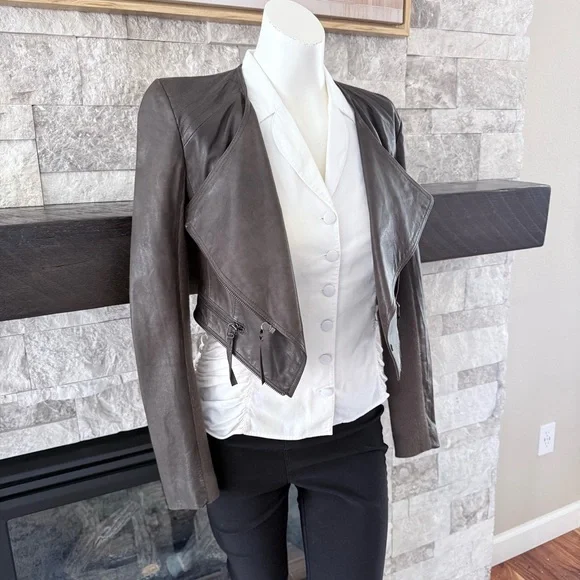 McGinn Magpie Convertible Leather Moto Jacket Zip-Off Hem Crop M - Picture 10 of 14